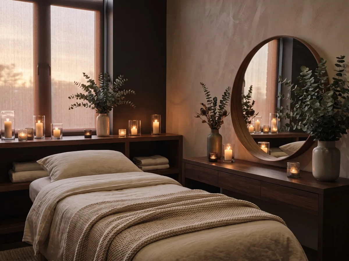 Cozy spa treatment room with candles and a leafy plant by the window