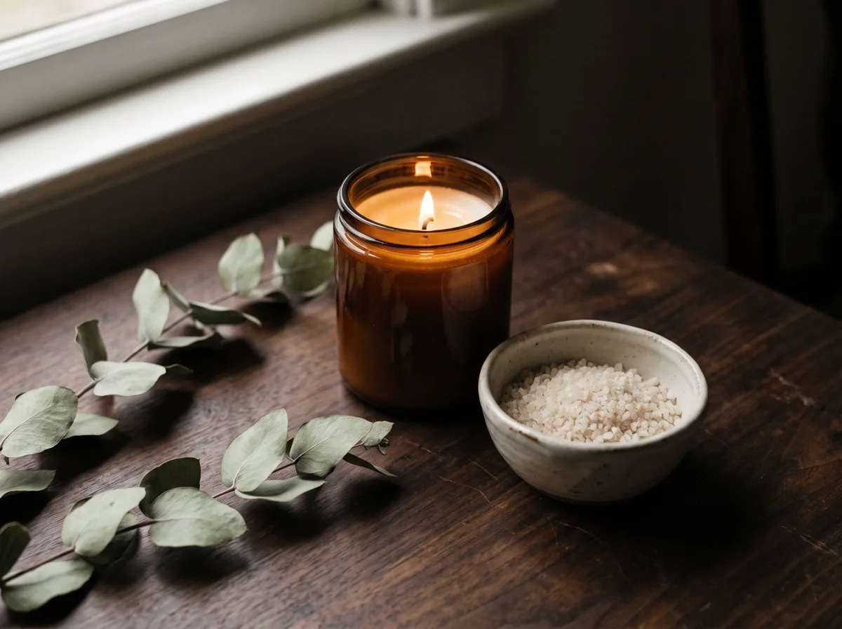 Lit candle and eucalyptus on a wooden surface