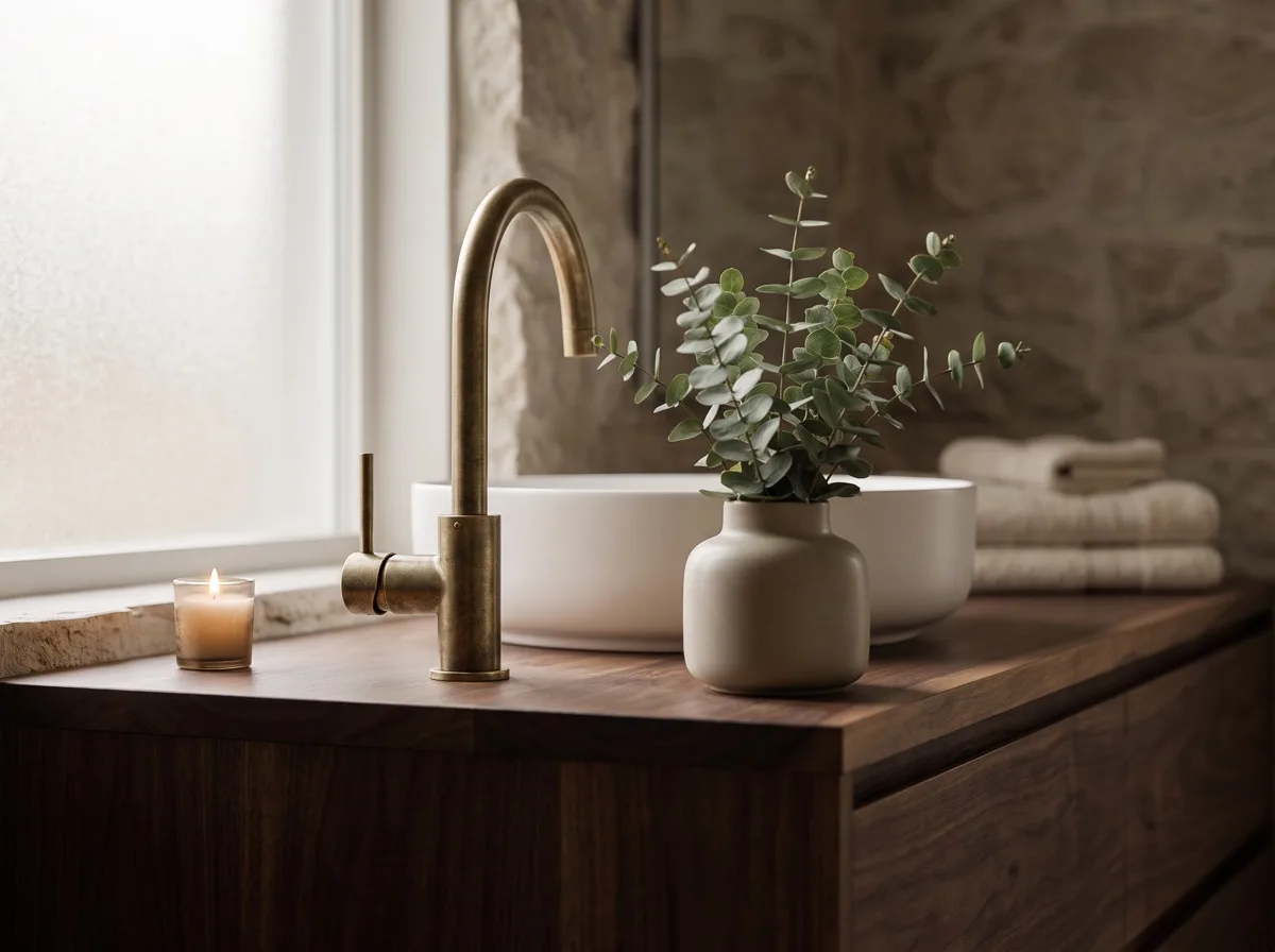Brass faucet over a clean basin with a small potted plant