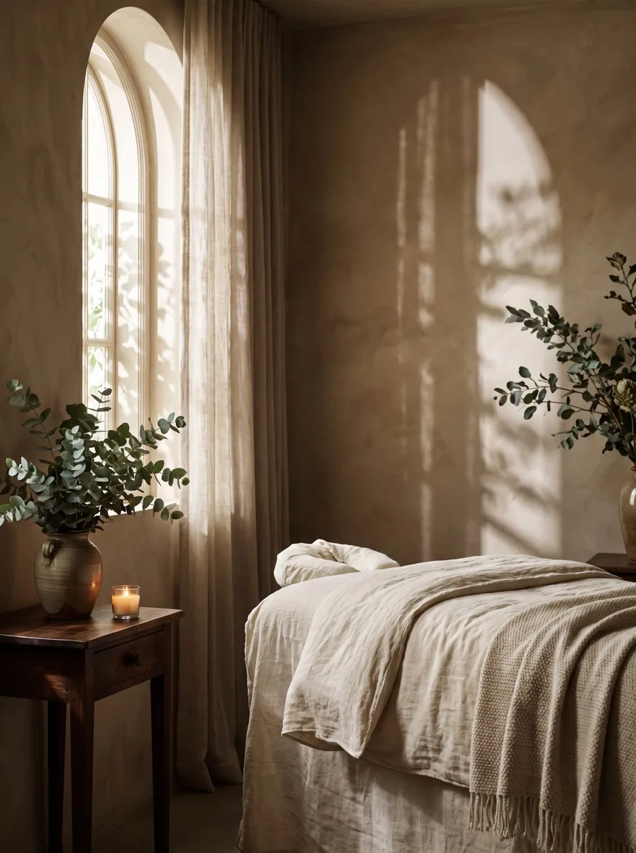 Calm treatment room with an arched window and soft leaf shadows