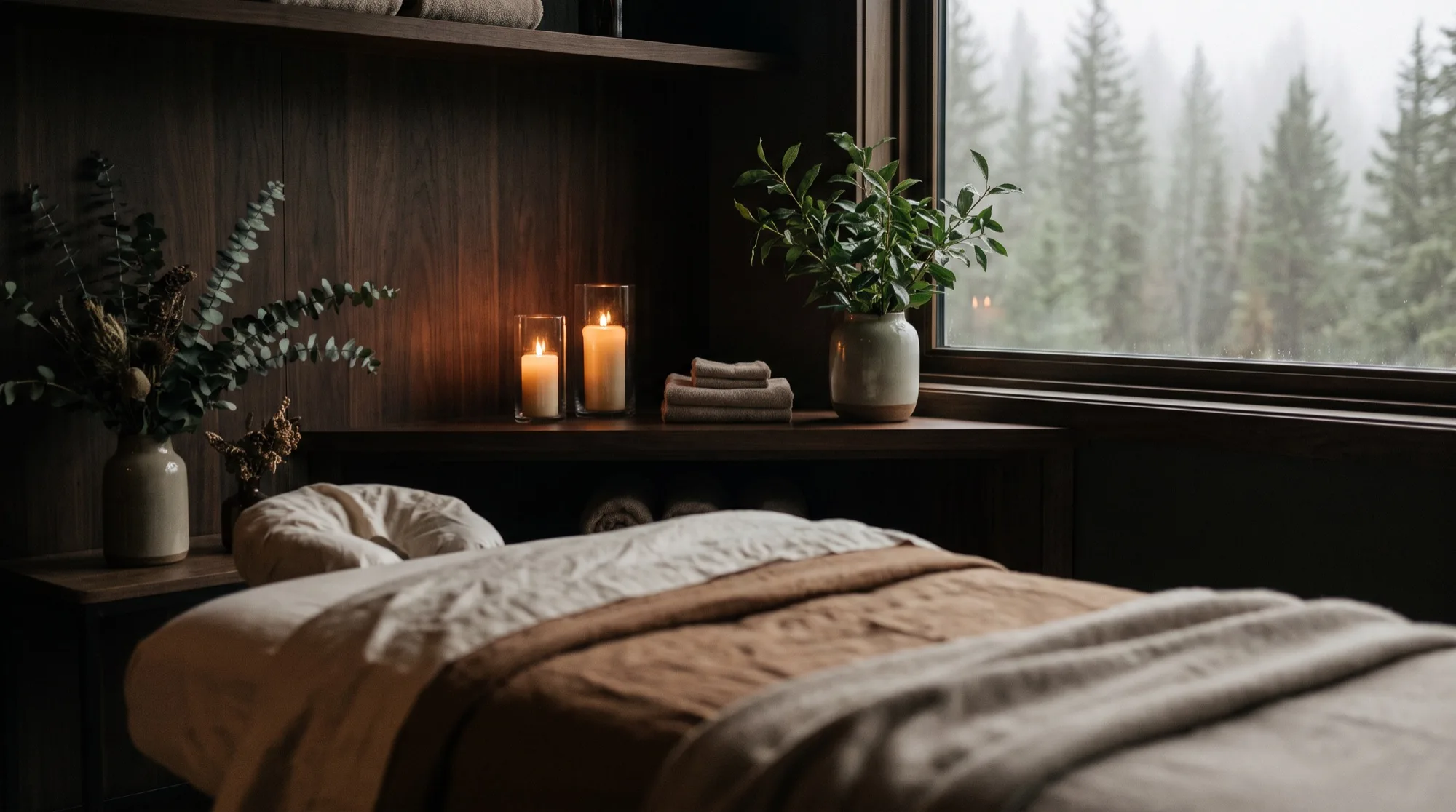 Dark, intimate spa room with candles and a facial bed