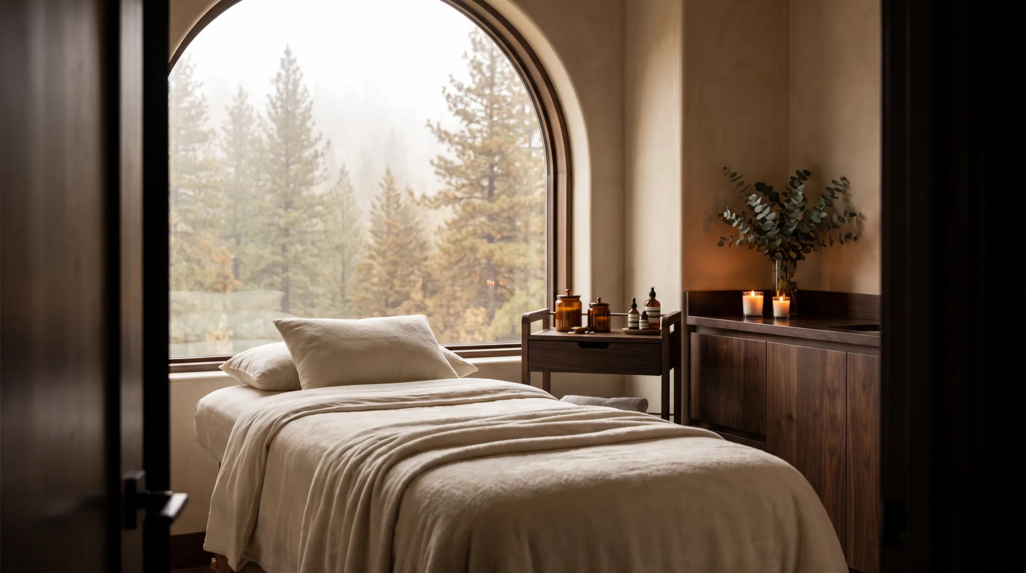 Spa facial room with a linen bed by a window overlooking a misty pine forest