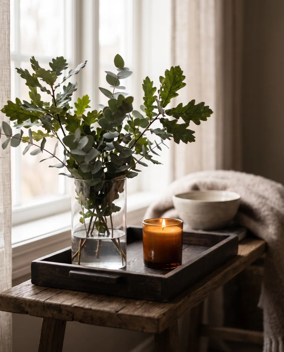 Glass vase of oak branches beside a lit candle on a dark wooden tray
