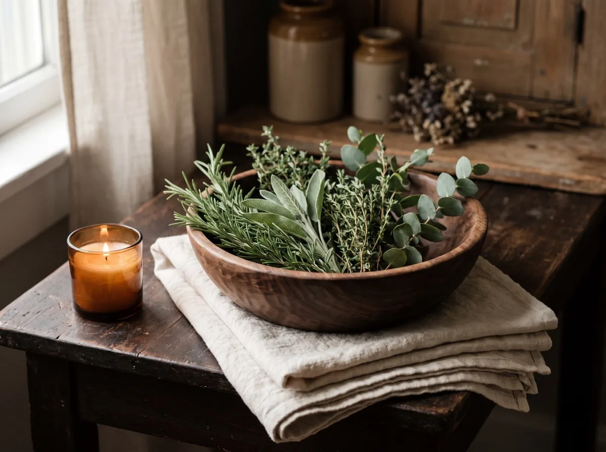 Fresh rosemary in a wooden bowl on a linen towel